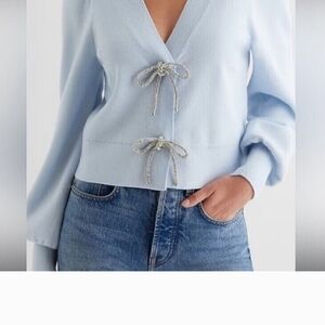 Express Light Blue V-Neck Sweater with Metallic Tie Closures